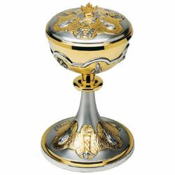 Picture of Liturgical Ciborium Diam. cm 12 (4,7 inch) Holy Spirit bicolour brass Catholic Church vessel with lid for Holy Mass