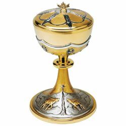 Picture of Liturgical Ciborium Diam. cm 12 (4,7 inch) Deers at Spring and Lilies bicolour brass Catholic Church vessel with lid for Holy Mass