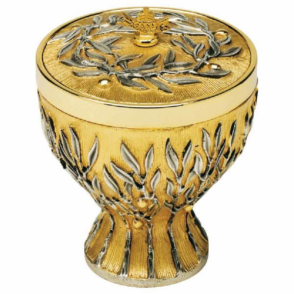 Picture of Liturgical Ciborium Diam. cm 12 (4,7 inch) Olive Branches bicolour brass Catholic Church vessel with lid for Holy Mass