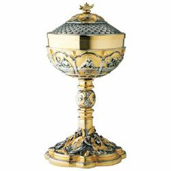 Picture of Large cup Liturgical Ciborium Diam. cm 13,5 (5,3 inch) Last Supper and Deposition bicolour brass Catholic Church vessel with lid for Holy Mass