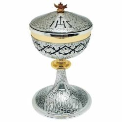 Picture of Liturgical Ciborium Diam. cm 12 (4,7 inch) Deers at Spring bicolour brass Catholic Church vessel with lid for Holy Mass