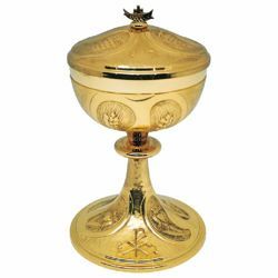 Picture of Liturgical Ciborium Diam. cm 12 (4,7 inch) Pax and Lilies symbols bicolour brass Catholic Church vessel with lid for Holy Mass