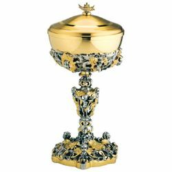 Picture of Liturgical Ciborium Diam. cm 12 (4,7 inch) Angels and Holy Symbols bicolour brass Catholic Church vessel with lid for Holy Mass