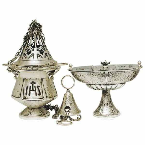 Picture of Thurible and incense Boat 4 chains H. cm 21 (8,3 inch) IHS and Pax symbols brass liturgical Censer for Churches
