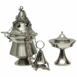 Picture of Thurible and incense Boat 4 chains H. cm 21 (8,3 inch) satin brass liturgical Censer for Churches