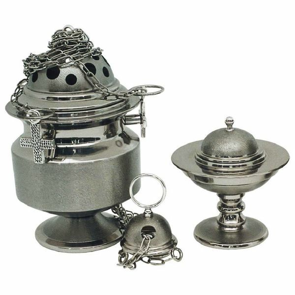 Picture of Thurible and incense Boat 4 chains H. cm 20 (7,9 inch) knurled brass liturgical Censer for Churches