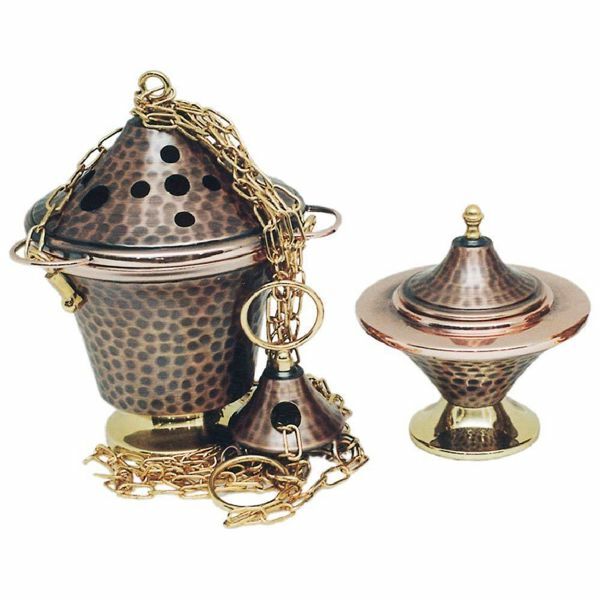 Picture of Thurible and incense Boat 4 chains H. cm 17 (6,7 inch) hammered brass liturgical Censer for Churches
