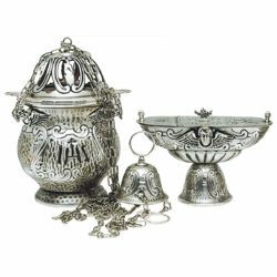 Picture of Thurible and incense Boat 4 chains H. cm 21 (8,3 inch) Angels brass liturgical Censer for Churches