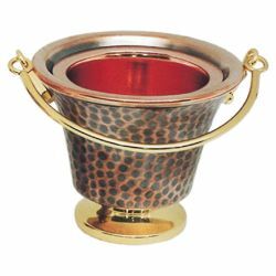 Picture of Holy Water Vat H. cm 10,5 (4,1 inch) hrelief ammered brass Liturgical Aspersorium Bucket Pot