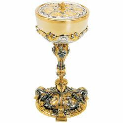 Picture of Large cup Liturgical Ciborium Diam. cm 13 (5,1 inch) Annunciation Nativity and Crucifixion bicolour brass Catholic Church vessel with lid for Holy Mass