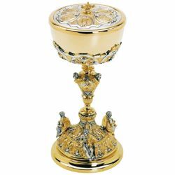 Picture of Large cup Liturgical Ciborium Diam. cm 13 (5,1 inch) Faith Hope and Charity bicolour brass Catholic Church vessel with lid for Holy Mass