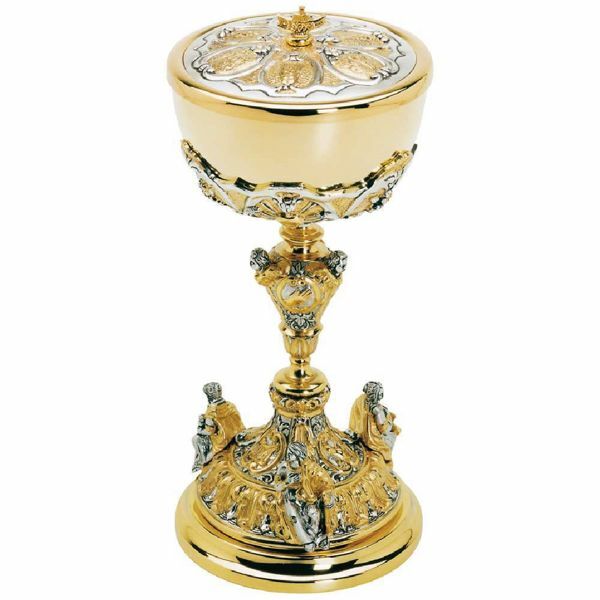 Picture of Large cup Liturgical Ciborium Diam. cm 13 (5,1 inch) Faith Hope and Charity bicolour brass Catholic Church vessel with lid for Holy Mass