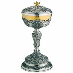 Picture of Liturgical Ciborium Diam. cm 12 (4,7 inch) Tables of the Law bicolour brass Catholic Church vessel with lid for Holy Mass