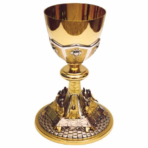 Picture of Tall Liturgical Chalice H. cm 23 (9,1 inch) Last Supper bicolour brass for Holy Mass Sacramental Wine