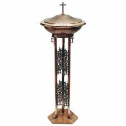 Picture of Portable Baptismal Font for Churches H. cm 120 (47,2 inch) on red marble base Cross and stylized decorations brass Column Standing Basin Bowl for Baptism by affusion