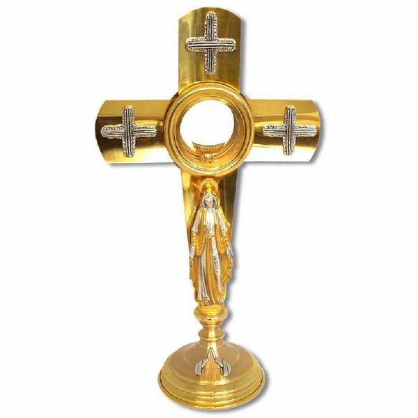 Imagen de Custodia litúrgica con luneta H. cm 50 (19,7 inch) Cruces de latón bicolor Ostensorio para Hostia Consagrada