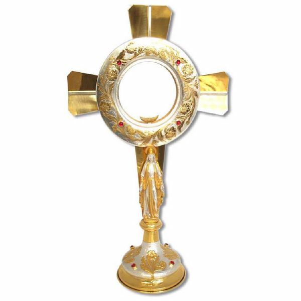 Imagen de Custodia litúrgica con luneta H. cm 63 (24,8 inch) con piedras rojas Virgen María de latón bicolor Ostensorio para Hostia Consagrada
