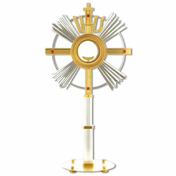 Picture of Church Monstrance with lunette H. cm 62 (24,4 inch) with red stones IHS symbol bicolour brass Ostensorium for Holy Host Exposition