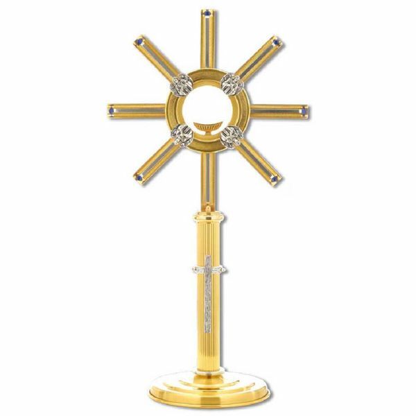 Imagen de Custodia litúrgica con luneta H. cm 60 (23,6 inch) Cruz central de latón bicolor Ostensorio para Hostia Consagrada