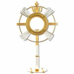 Picture of Church Monstrance with lunette H. cm 70 (27,6 inch) with blue stones IHS symbol bicolour brass Ostensorium for Holy Host Exposition