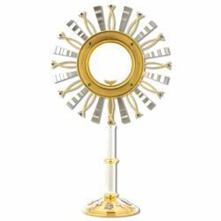 Picture of Church Monstrance with lunette H. cm 70 (27,6 inch) with blue and green stones bicolour brass Ostensorium for Holy Host Exposition