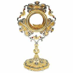 Picture of Church Monstrance with lunette H. cm 37 (14,6 inch) with red stones bicolour brass Ostensorium for Holy Host Exposition
