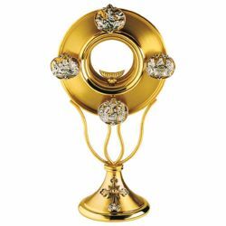 Imagen de Custodia litúrgica con luneta H. cm 28 (11,0 inch) Símbolos Religiosos de latón bicolor Ostensorio para Hostia Consagrada