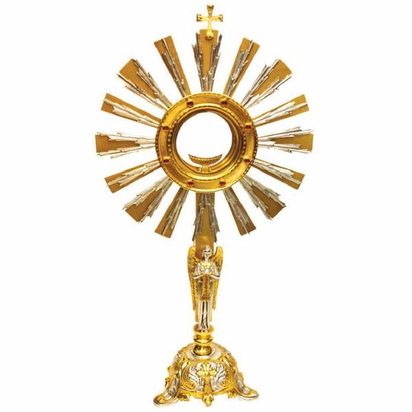 Imagen de Custodia litúrgica con luneta H. cm 53 (20,9 inch) Cruces de latón bicolor Ostensorio para Hostia Consagrada