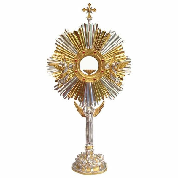Picture of Church Monstrance with lunette H. cm 65 (25,6 inch) Angels bicolour brass Ostensorium for Holy Host Exposition