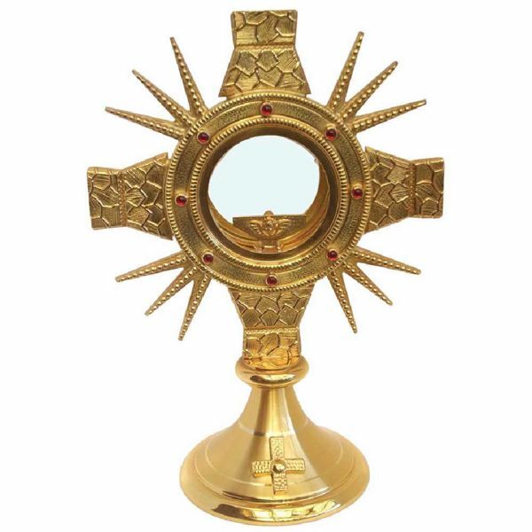 Imagen de Custodia litúrgica con luneta H. cm 31 (12,2 inch) Cruz de latón dorado Ostensorio para Hostia Consagrada