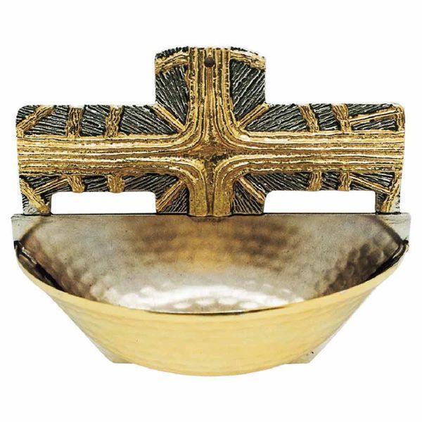 Picture of Holy Water Stoup H. cm 14 (5,5 inch) Cross and Rays of Light bicolour brass Wall mounted Catholic Font