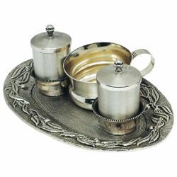 Picture of Baptism Set tray bowl oil stock ablution cup cm 22x14 (8,7x5,5 inch) Olive Branches brass full Liturgical Baptismal service