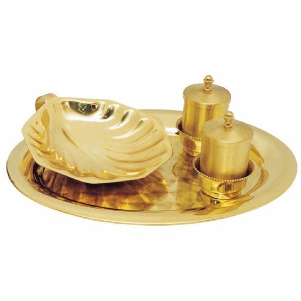 Picture of Baptism Set tray bowl oil stock ablution cup cm 26x20 (10,2x7,9 inch) gold plated brass full Liturgical Baptismal service