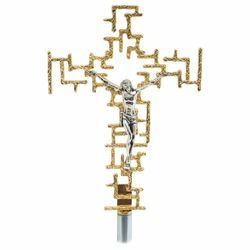 Immagine di Croce astile processionale cm 24x34 (9,4x13,4 inch) stile moderno con griglie in ottone Crocifisso per Processione Chiesa