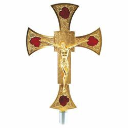 Immagine di Croce astile processionale cm 22x31 (8,7x12,2 inch) con smalti rossi in ottone Crocifisso per Processione Chiesa