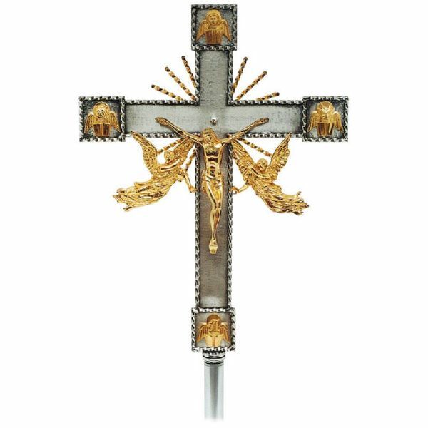Imagen de Cruz Procesional cm 32x42 (12,6x16,5 inch) Ángeles y Evangelistas de latón bicolor Crucifijo para procesión Iglesia