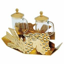Picture of Altar Cruets and Tray set cm 20x8,5 (7,9x3,3 inch) Grapes and Ears of Corn glass and brass Water and Wine liturgical Mass Ampoules Catholic Church