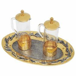 Picture of Altar Cruets and Tray set cm 21x14 (8,3x5,5 inch) Olive Branches glass and brass Water and Wine liturgical Mass Ampoules Catholic Church