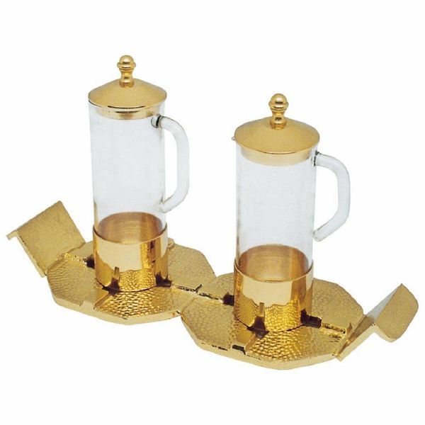 Picture of Altar Cruets and Tray set cm 23x8,5 (9,1x3,3 inch) stylized Crosses glass and brass Water and Wine liturgical Mass Ampoules Catholic Church