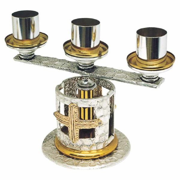 Picture of Altar Candelabrum 3 flames H. cm 20 (7,9 inch) Crosses bicolour brass Candle Holder liturgical Church Candlestick