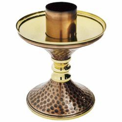 Picture of Altar Candlestick 1 flame H. cm 16 (6,3 inch) bicolour hammered brass liturgical Candle Holder for Church 