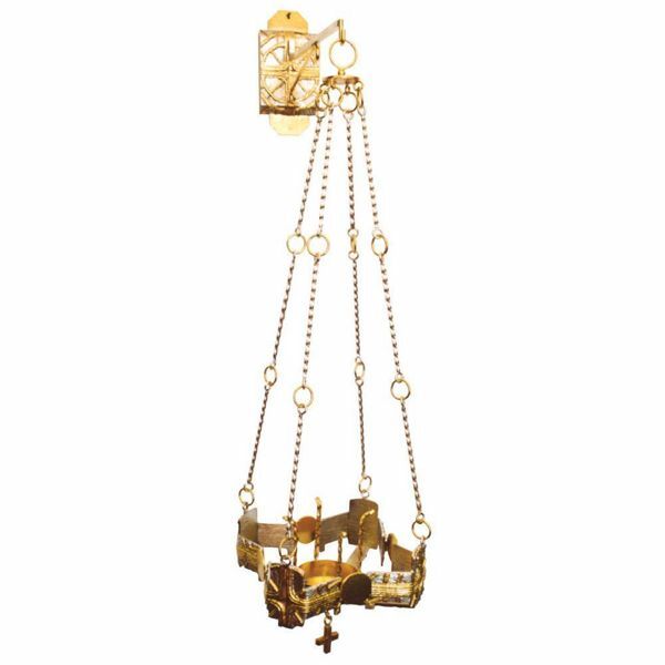 Imagen de Lámpara de colgar del Santísimo Sacramento H. cm 80 (31,5 inch) Cruces doradas de latón porta vela con cadenas de Iglesia