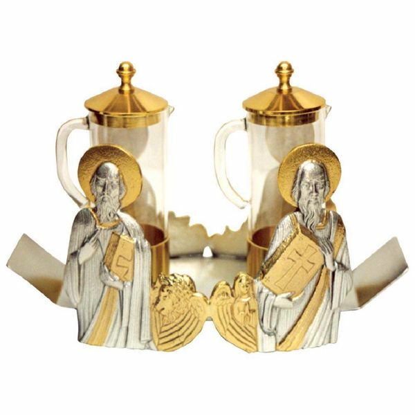 Picture of Altar Cruets and Tray set cm 19x9 (7,5x3,5 inch) four Evangelists glass and bicolour brass Water and Wine liturgical Mass Ampoules Catholic Church