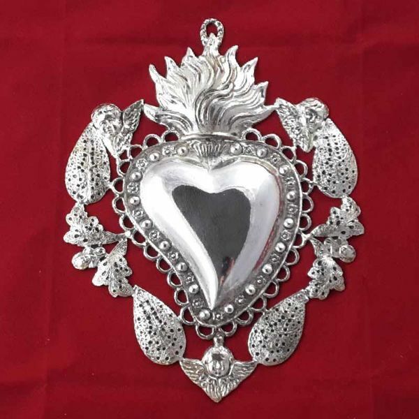 Imagen de Corazón votivo con llama y ángeles en filigrana - Exvoto con baño oro o plata 