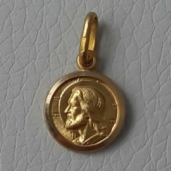 Immagine di Gesù Cristo Redentore e Preghiera Dio ti protegga Medaglia Sacra Pendente tonda Conio gr 1,5 Oro giallo 18kt con bordo liscio da Uomo 
