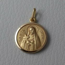 Immagine di Santa Rita con Croce e Aureola Medaglia Sacra Pendente tonda Conio gr 3,3 Oro giallo 18kt con bordo liscio Unisex Donna Uomo 
