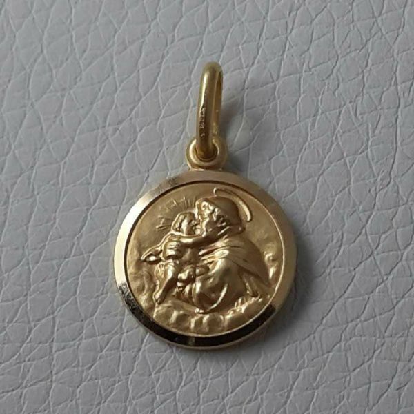 Imagen de San Antonio de Padua con Niño Medalla Sagrada Colgante redonda Acuñación gr 2 Oro amarillo 18kt con borde liso Unisex para Mujer y Hombre