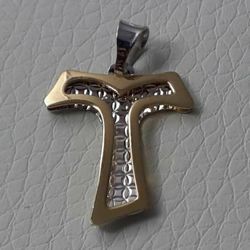 Picture of Saint Francis perforated double Tau Cross Pendant gr 1,1 Bicolour yellow white Gold 18k relief printed plate Unisex Woman Man 