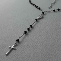 Imagen de Collar Rosario Plata 925 Piedras negras Virgen Milagrosa Cruz gr.5,30 para Mujer