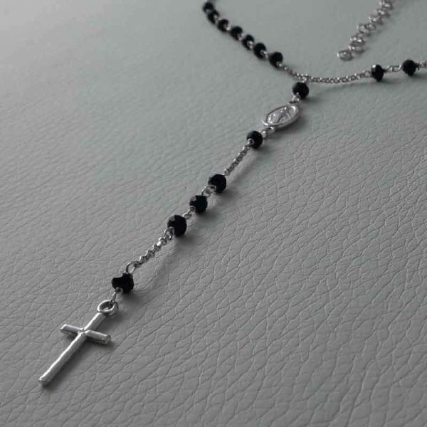 Imagen de Cadena de Rosario plata 925 piedras negras